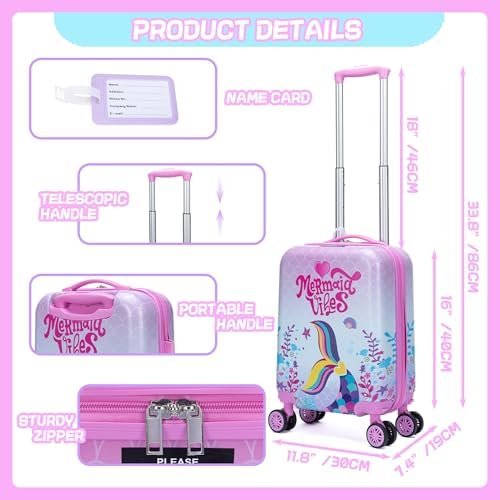 Cute Pink Mermaid Kid’s Luggage Set 5 Piece Suitcase Set 16’’ Hardside Luggage with Spinner Wheels Girls Boys Carry on Toddler Luggage Travel Rolling Luggage Carry on Luggage Airline Approved - Image 2