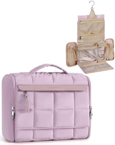 BAGSMART Travel Toiletry Bag, Extra Large Full-open Hanging Toiletry Bag for Women, Puffy Cosmetic Makeup Bag Organizer with Handle for Accessories, Essentials, Toiletries (Purple)