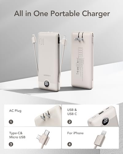 VEGER Portable Charger with Built-in AC Plug and Cables, All in One 10000mAh Ultra Slim Power Bank Travel Essentials, 15W Fast Charging Battery Pack Compatible with iPhone, Samsung, Android (Coffee) - Image 2