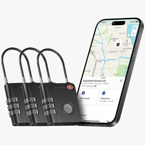 KeySmart SmartLock Tracking Luggage Locks, TSA Locks for Luggage, GPS Tracker, Combination Lock Compatible with Apple Find My App, Best Travel Essentials, Replaceable Non-Rechargeable Battery (3 Pack)