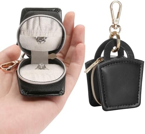 Jewelry Ring Holder Box with Keychain, Small Ring Earring Stud Necklace Storage Case for Gym Travel Sports, Portable Jewelry Storage Boxes (Black)