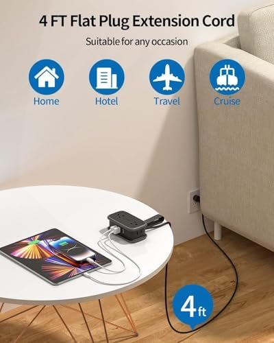 Travel Power Strip with USB Ports, NTONPOWER 4ft Flat Plug Wrapped Around Short Extension Cord with 4 Outlets 3 USB Ports, Compact for Cruise Travel Essential Hotel Home Office, Black - Image 4