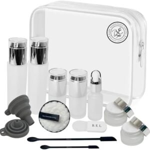 14 Pcs Travel Skincare Containers Set-TSA Approved Toiletry Bag & Glass Travel Bottles for Toiletries Pump, Spray & Dropper Bottles Travel Size Containers for Foundation, Serum Moisturizer Oil & Cream