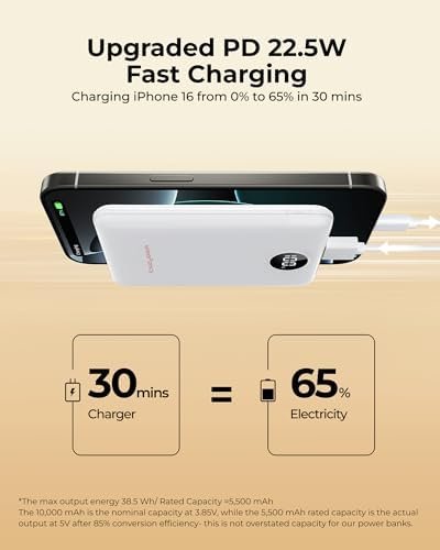 Small Portable Charger 10000mAh, Mini Power Bank with LED Display, 22.5W PD Fast Charging USB-C Battery Pack, Compact Lightweight Travel Charger Compatible with iPhone Samsung Android, White - Image 3