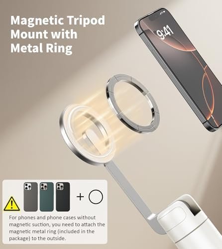 TONEOF 68" Magnetic Selfie Stick Tripod with Aluminum Strong Magnetic Holder for Magsafe, 360° Rotatable Travel Phone Tripod Stand with Metal Ring & Rechargeable Remote for iPhone/Android(Beige Gray) - Image 2