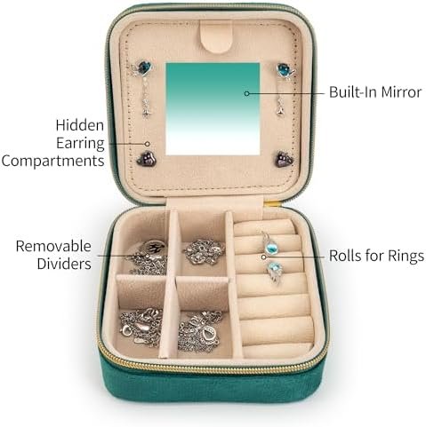 Velvet Jewelry Box Travel Jewelry Organizer with Mirror Soft Plush Case for Necklaces, Earrings, Bracelets & Rings Gift for Women, Girlfriend, Mom or Best Friend (Soft Velvet - dark green) - Image 4