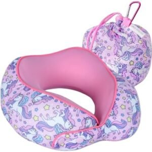 SKYTRAX® Certified Kids Safe Memory Foam Travel Neck Pillow for Kids and Toddlers, Cute Cartoon Design, Car Seat & Airplane Head Neck Support, Adjustable Snap Button, Washable Soft Cover (Unicorn)