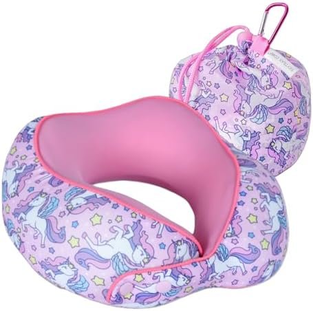 SKYTRAX® Certified Kids Safe Memory Foam Travel Neck Pillow for Kids and Toddlers, Cute Cartoon Design, Car Seat & Airplane Head Neck Support, Adjustable Snap Button, Washable Soft Cover (Unicorn)