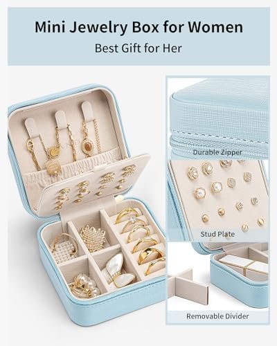Vlando Travel Jewelry Case, Small Travel Jewelry Organizer Box for Girls Women - Blue - Image 3
