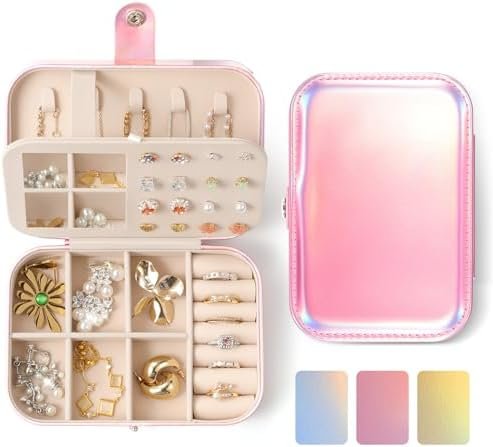 LAMU Travel Jewelry Box, Portable Jewelry Organizers and Stroage, Glowing Rainbow Small Jewelry Case for Earrings Rings Necklaces, Travel Jewelry Case for Women Girls as Birthday, Wedding Gifts, Pink - Image 7