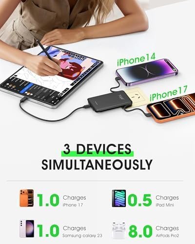 TG90° Ultra Slim 5000mAh Portable Charger Built-in Foldable AC Wall Plug and Cables, Pocket Size USB C Power Bank,External Battery Pack Compatible with iPhone 17 16 15 14 13 12 Android Devices iPad - Image 7