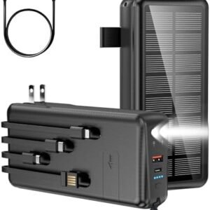 Portable Charger with Built in Cable and Wall Plug 50000mAh PD30W Fast Charging Solar Power Bank with 5 Output & 2 Input Dual LED Flashlights Phone Holder External Battery Pack (Black)