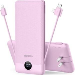 VEGER Portable Charger for iPhone Built in Cables and Wall Plug, 10000mah Slim Fast Charging USB C Power Bank, Travel Essential Battery Pack Compatible with iPhones, iPad, Samsung More Devices(Purple)