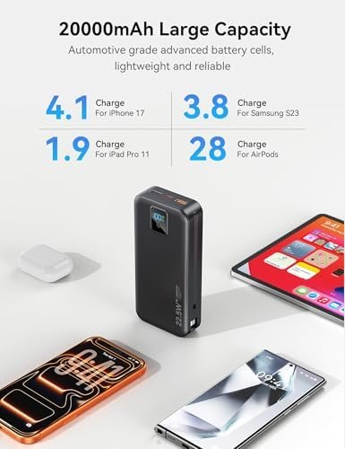 Portable Charger, 20000mAh 22.5W Fast Charging Power Bank with Built-in Cables & Wall Plug, Travel Essentials Battery Pack with LED Display, USB C External Battery Bank for iPhone iPad, Samsung Black - Image 5