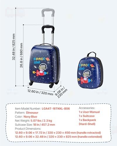 VEVOR Kids Luggage Set, 2 Piece, 18 Inch Hardside Rolling Wheels Suitcase with Hard-Shell Backpack, Dinosaur Kids Carry on Luggage Set, Holiday Birthday Gift for Girls & Boys, Airline Approved - Image 7