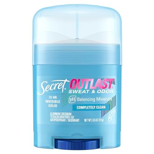 Secret Outlast Antiperspirant Deodorant for Women, 72hr Sweat & Odor Protection, PH Balancing Minerals, Invisible Solid, Completely Clean Scent, Travel Size, 0.5 oz