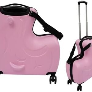 20 Inch Kids Ride-On Suitcase, Children's Trolley Case with 4 Wheels, Portable Carry-On Luggage for Air Travel, Pink Rolling Trunk for Boys Girls Aged 3-6