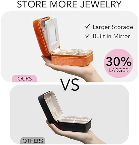 BLUTETE Travel Jewelry Box Organizer Velvet Travel Case With Mirror Rings Earrings Necklaces Storage Organizer Box (Orange) - Image 3