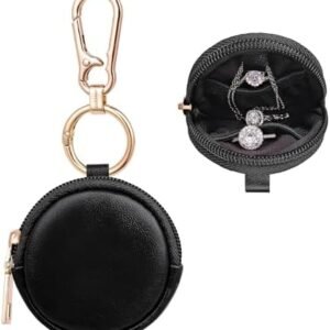 PU Portable Gym Jewelry Ring Bag Holder Box with Keychain, Small Travel Ring Earring Stud Necklace Storage Case (Black)