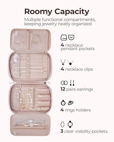 BAGSMART Jewelry Organizer Case Large Travel Jewelry Storage Bag for Necklace, Earrings, Rings, Bracelet, Soft Pink - Image 4