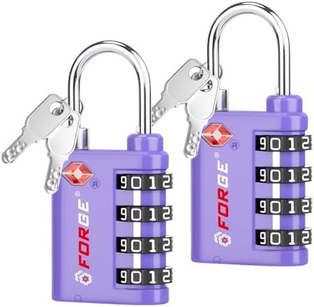 Forge Dual-Opening: Key or Combination Lock, TSA Approved Lock for Luggage, Pelican case, Travel, Gym, School, Luggage Combination Lock, Travel Bag Lock (Purple 2 Pk)