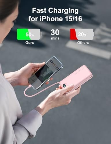 20000mAh Ultra-Portable-Charger-Power-Bank PD20W with Built in Cables&AC Wall Plug,Fast Charging Cell Phone Charger Battery Pack,LED Display Travel Battery Bank for All iPhone,Samsung,Android - Image 4