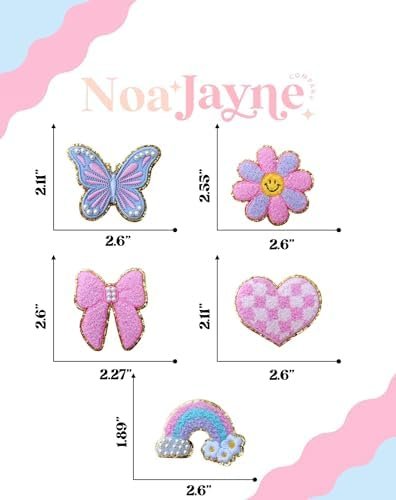 Noa Jayne Co. Chenille & Embroidered Iron-On Patches with Pearls – Rainbow, Butterfly, Bow, Checkered Heart & Smile Flower – Cute Aesthetic Appliqué for Jackets, Backpacks, Jeans & DIY Crafts - Image 3
