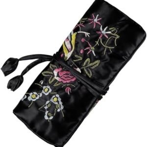 Wei Long Jewelry Roll, Travel Jewelry Roll Bag,Silk Embroidery Brocade Jewelry Organizer Case with Tie Close (Blossom, Black)