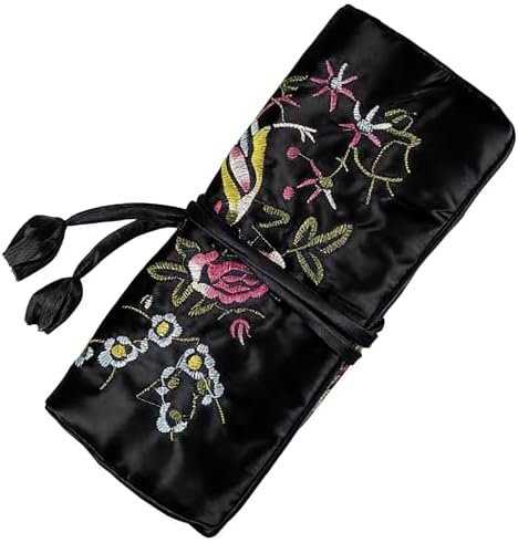 Wei Long Jewelry Roll, Travel Jewelry Roll Bag,Silk Embroidery Brocade Jewelry Organizer Case with Tie Close (Blossom, Black)