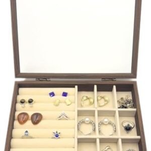 CT SUN Small Wooden Jewelry Organizer Box Case– Vintage Style Display Case with HD Glass Lid, Velvet Lining, for Women Rings Earrings Bracelets Brooches, Compact Size Jewelry Box for traveling