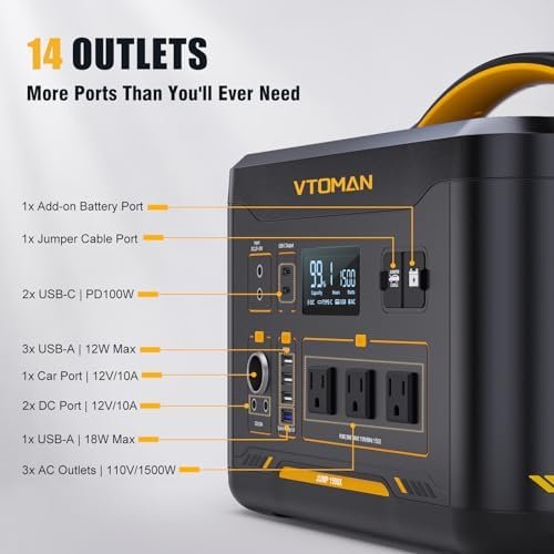 VTOMAN Jump1500X Portable Power Station, 828Wh LiFePO4 Battery Solar Generator with Jump Start, 1500W AC Outlet, 100W PD Type-C, Large Capacity Expandable to 2376Wh for Camping, RV Travel, Home Backup - Image 2