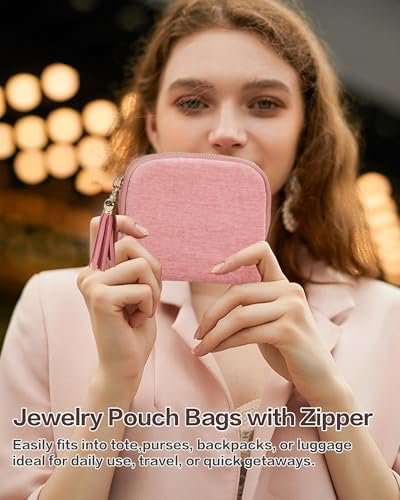 Valentine‘s Day Gifts for Wife Girlfriend, Small Travel Jewelry Case, Jewelry Pouch Bags, Travel Gifts for Women, Mini Travel Jewelry Bag for Bracelet Rings Earrings - Chenille Velvet Pink - Image 9