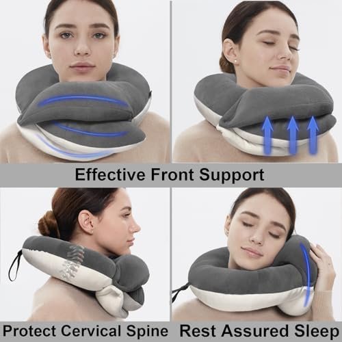 BUYUE Travel Neck Pillows for Airplanes, 360° Head Support Sleep for Long Flight, Skin-Friendly & Breathable, Kit with 3D Contoured Eye Mask, Earplugs and Storage Bag (Adult, Grey, 90+ lbs) - Image 2