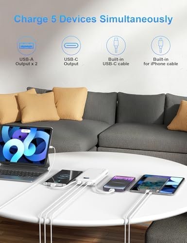 Portable Charger with Wall Plug, 12000mAh USB C Power Bank Fast Charging, External Battery Pack with Built in Cables, Digital Display, 5 Output 4 Input for iPhone Android Cell Phone Tablet - Image 7