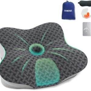 SAHEYER Travel Pillow for Sleeping, Ergonomic Cervical Neck Support Pillows, Lightweight Memory Foam Travel Pillow for Camping, Backpacking, Hammock - with Travel Storage Bag and Cooling Cover, Black
