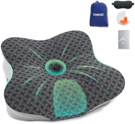 SAHEYER Travel Pillow for Sleeping, Ergonomic Cervical Neck Support Pillows, Lightweight Memory Foam Travel Pillow for Camping, Backpacking, Hammock - with Travel Storage Bag and Cooling Cover, Black