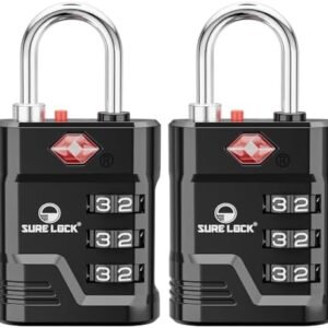 SURE LOCK TSA Locks for Luggage, TSA Approved Luggage Locks with Open Alert, 008 Key for High Security, Easy Read Dials, Zinc Alloy Body, Locker Lock for Suitcase, Gym, Travel. (Black 2 pk)