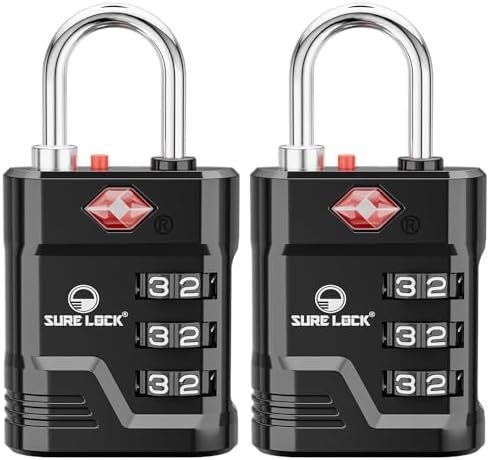 SURE LOCK TSA Locks for Luggage, TSA Approved Luggage Locks with Open Alert, 008 Key for High Security, Easy Read Dials, Zinc Alloy Body, Locker Lock for Suitcase, Gym, Travel. (Black 2 pk)