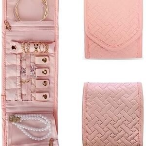emissary Small Jewelry Travel Case Organizer for Necklace, Earrings, Rings, Bracelet, Jewelry Storage, Earring Storage, Necklace Storage, Valentines Day Gifts Pouch Bag Accessories for Travel (Pink)