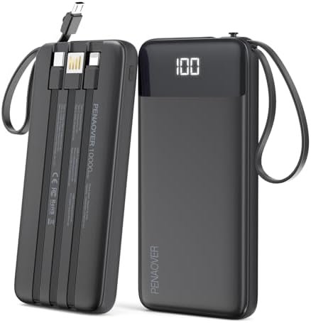 Portable Charger 10000mAh Power Bank with Built-in Cable, 5 Output 2 Input Travel Essential External Battery Pack with LED Display Compatible with iPhone 17/16/15/14 Samsung Android, etc