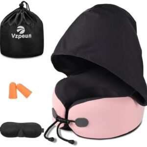 Neck Pillow for Travel - Hooded Memory Foam Plane Pillow for Airplane, Office, Cars Sleeping, Road Trip, Long Flights, Portable Plane Accessories, Includes Eye Mask & Earplugs Pink
