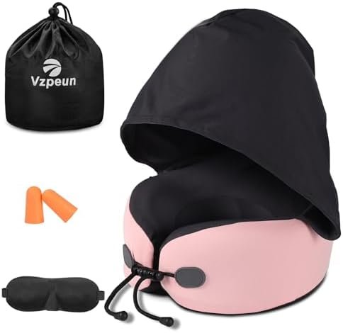 Neck Pillow for Travel - Hooded Memory Foam Plane Pillow for Airplane, Office, Cars Sleeping, Road Trip, Long Flights, Portable Plane Accessories, Includes Eye Mask & Earplugs Pink