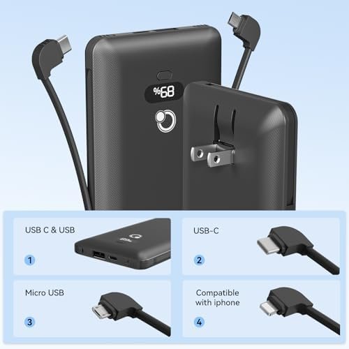 10000mAh Portable Charger with Built-in Cables and AC Wall Plug, USB C Fast Charging Power Bank with 3 Cords,5 Output External Battery Pack Compatible with iPhone,Tablet and All Smart Phones Black - Image 4