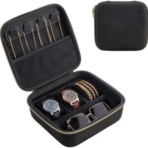 ProCase Mens Small Jewelry Storage Case, 3 Slots Travel Watch Accessories Carrying Box, Glasses Necklaces Rings Bracelets Zippered Organizer Bag for Male -Black