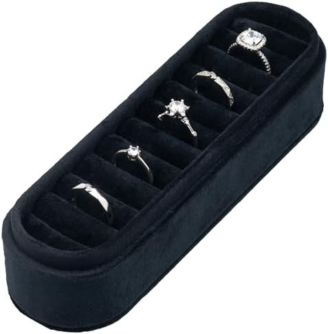 Velvet Small Multiple Ring Box Portable Organizer Display Storage Travel Case Jewelry Earring Holder for Wedding Birthday Christmas Day (Black) - Image 4