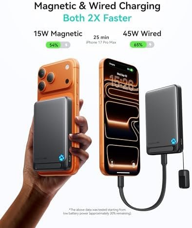 INIU for Magsafe Power Bank, Slimmest 10000mAh Qi2 Certified 15W Magnetic Portable Charger, 45W Fast Charging with Built-in USB-C Cable, Battery Pack with Stand for iPhone Air 17 16 15 14 13 12 Only - Image 2