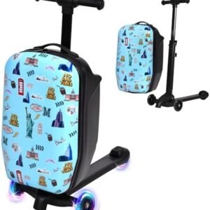 smilesun 4-in-1 Detachable Scooter Luggage for Kids & Teens, Foldable Hardside Ride On Suitcase with Wheels, Stylish and Safe Design(Blue)