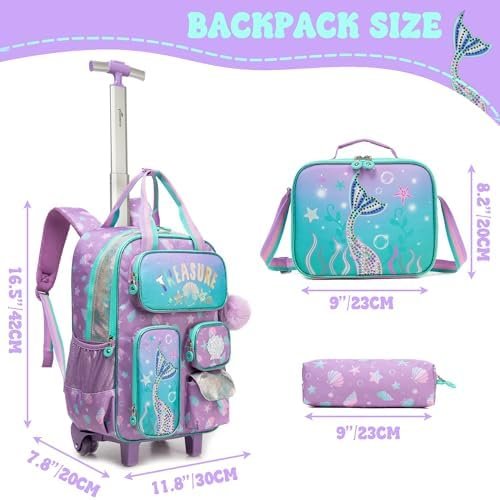Mermaid Rolling Backpack with Wheels for Girls School Rolling Backpack Kids Travel Luggage for Girls Ages 5-12 - Image 2