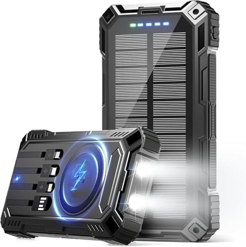 Power Bank 49800mAh Solar Portable Charger Wireless Charging USB-C 15W Fast Charging with 4 Built-in Cables LED Flashlight Battery Pack Compatible with iPhone, iPad, Perfect for Camping,Hiking