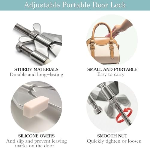 Portable Door Lock, ELEMGULY Adjustable Portable Door Lock Security Door Lock with Protective Silicone Caps for Home, Travel, Hotels, Apartments to Enhance Safety, Silver - Image 7